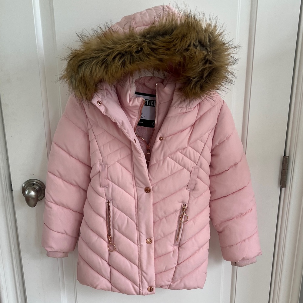 Justice Pink Quilted Jacket with Faux Fur Hood